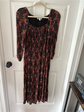 Women's Floral Long Sleeve Midi Dress - Black & Rust